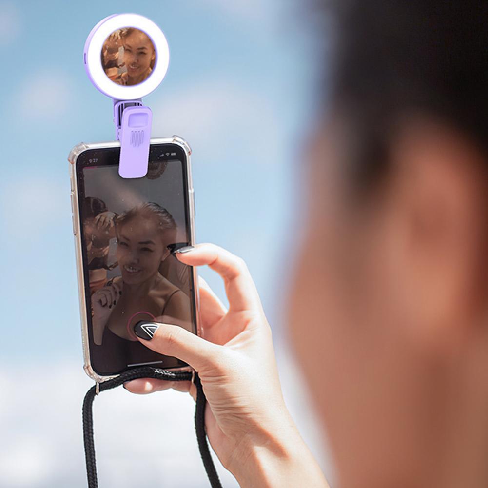 Clip-on Selfie Ring Light,200mAh Rechargeable Selfie Light Clip Video Light with Mirror,Portable Selfie Lamp for Phone Camera