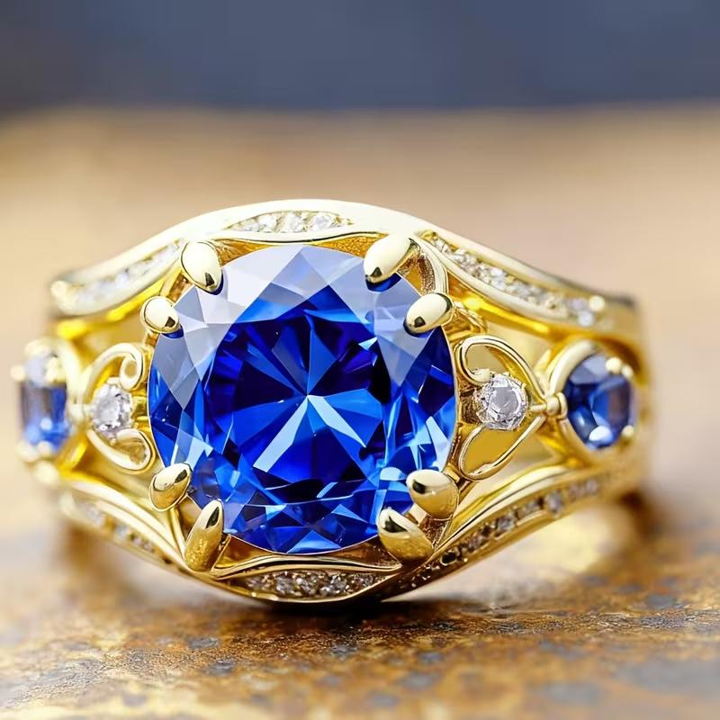 European and American New Fashion Retro Flower Shape Blue Zircon Inlaid Personalized Women's Ring