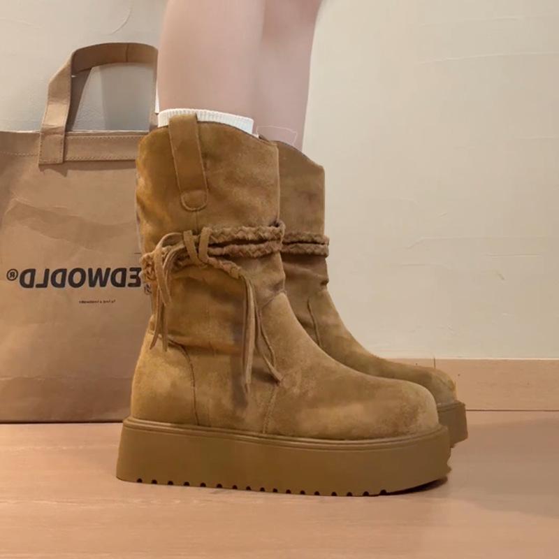 Retro Spice Girl Skinny But Knee Round Head Knight Boots Women's Autumn and Winter Fashion Versatile Medium Boots Fashion Boots Tide