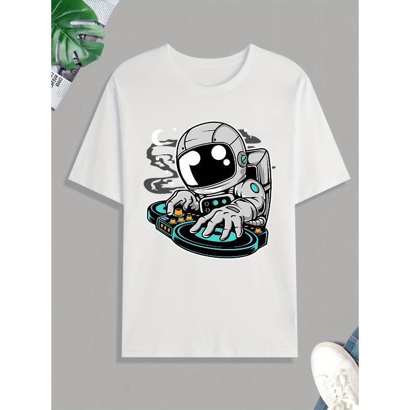 European Sizes Astronaut Deejay Print Tee Shirt For Men, Casual Short Sleeve T-shirt For Summer Spring Fall, Tops As Gifts For Men