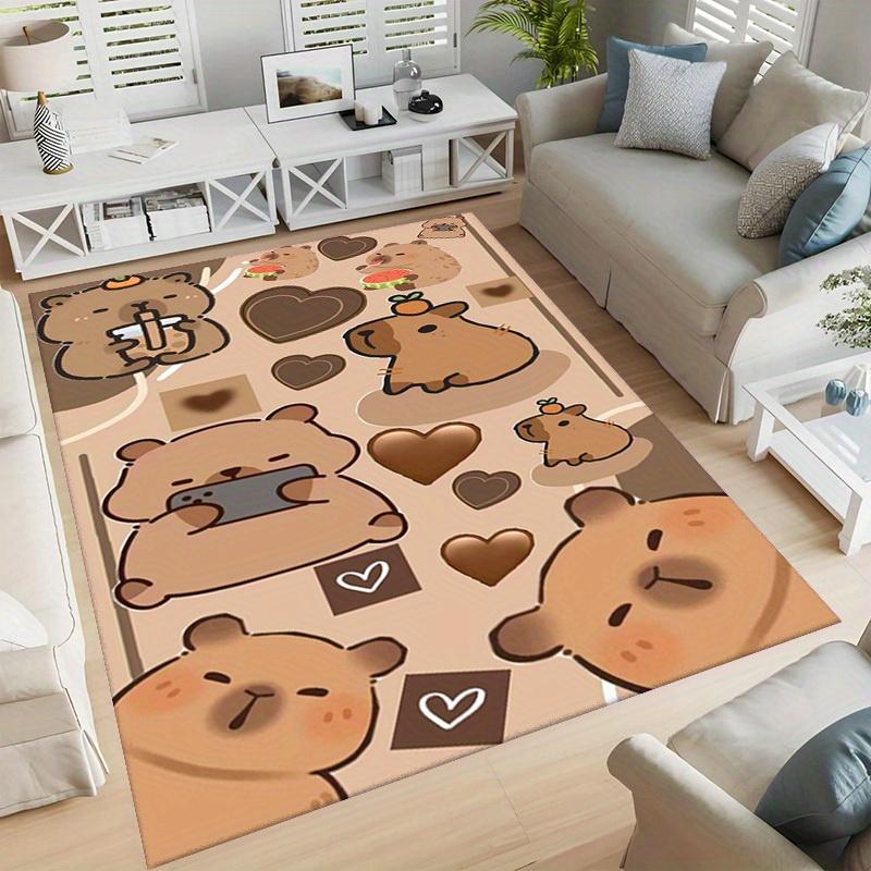 Cute Capybara Cartoon Carpet Mat Rug - Lucky Heart Pattern Home Decoration for Kids Room Living Room Playful Animal Design