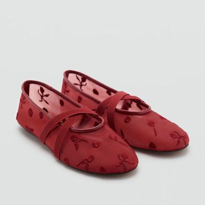 Neue bestickte florale Mesh-Ballerinas Damenmode runde Zehen Sommer flache Sandalen elegante elastische Oberpartie Mary Jane Schuhe