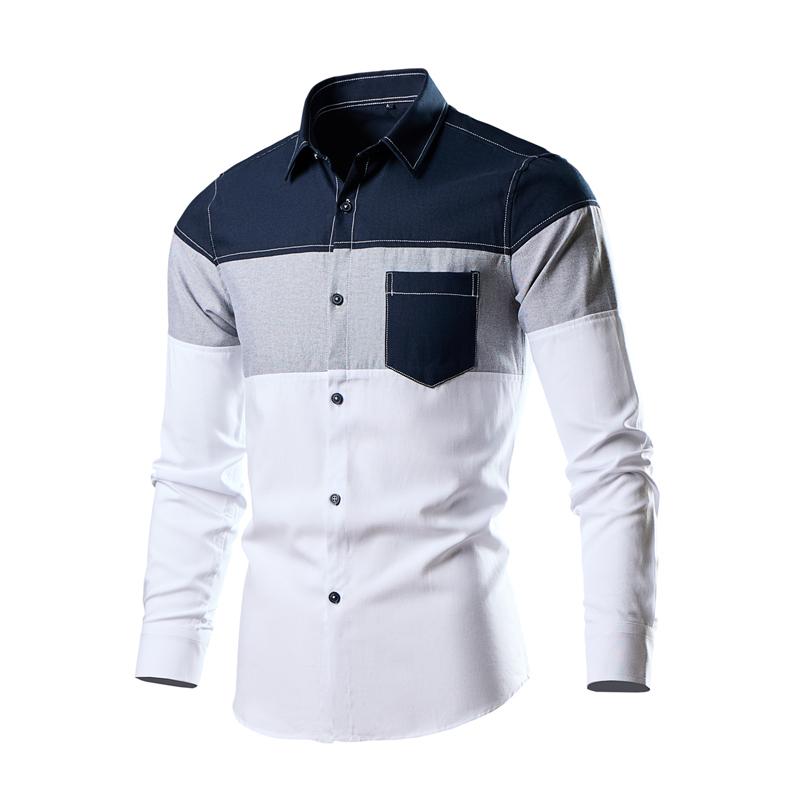 

2026 Men Patchwork Shirt Mens Spring Long Sleeve Shirt Anti-Wrinkle Free Ironing Business Comfort Fashion Breathable Slim Shirts M темно-синий