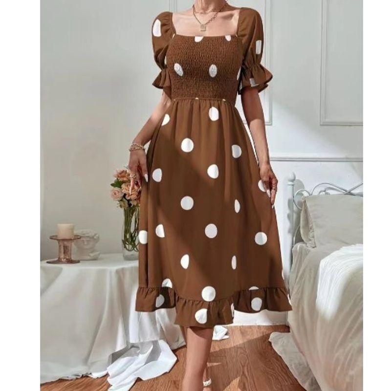 

Summer Slim-Fit Dot Dress with Short Sleeves Brown M