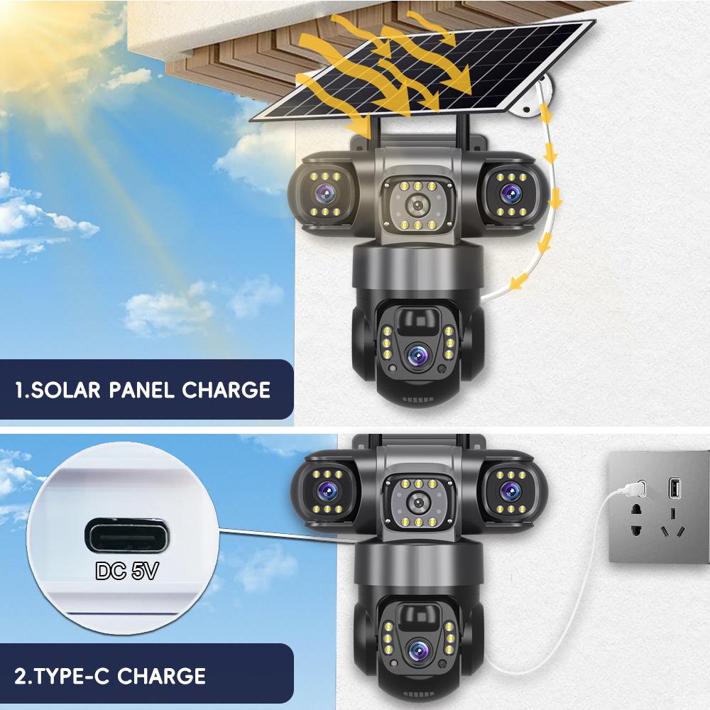 V380 Pro Outdoor 4G Solar Triple Lens Camera with 360° Rotation and Mobile Remote Control