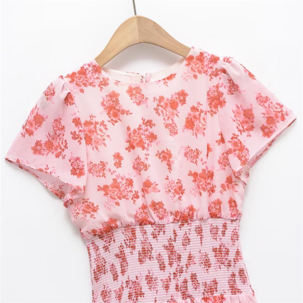 2025 Spring/Summer Women's Sweet Slim Fit Printed Dress - Round Neck, Short Sleeve