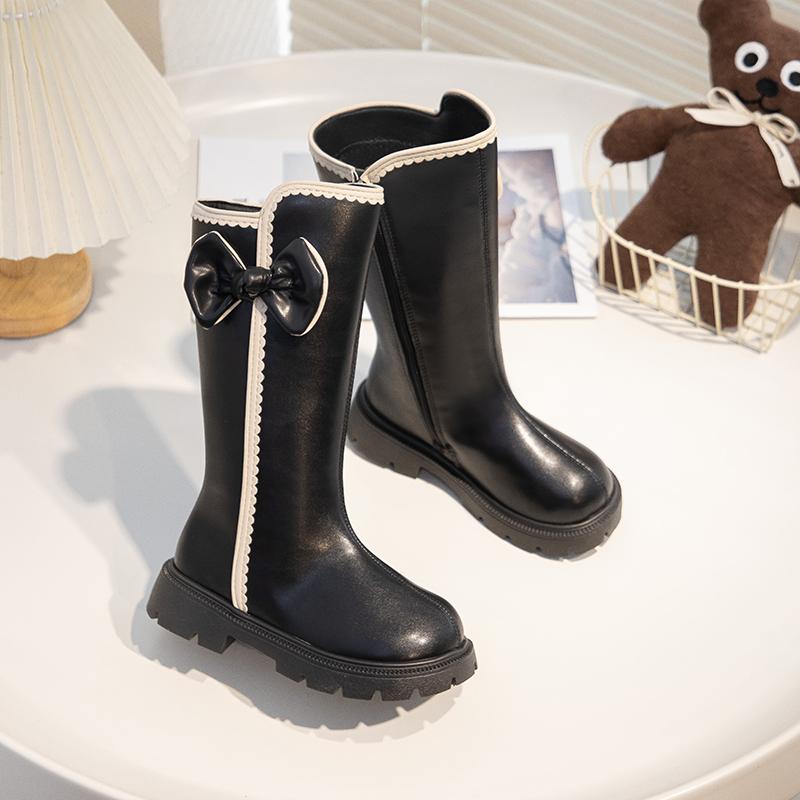 

School Shoes for Girls Boots Autumn Kids Princess Leather Boots with Cute Bow Soft Sole Simple Christmas Party Boots 26 чёрный