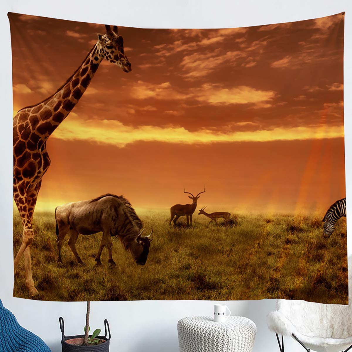 

Африканский сафари Пейзажный гобелен Жираф Слон Леопардовый фон гобелен Лес Луга Украшение спальни 230X180CM