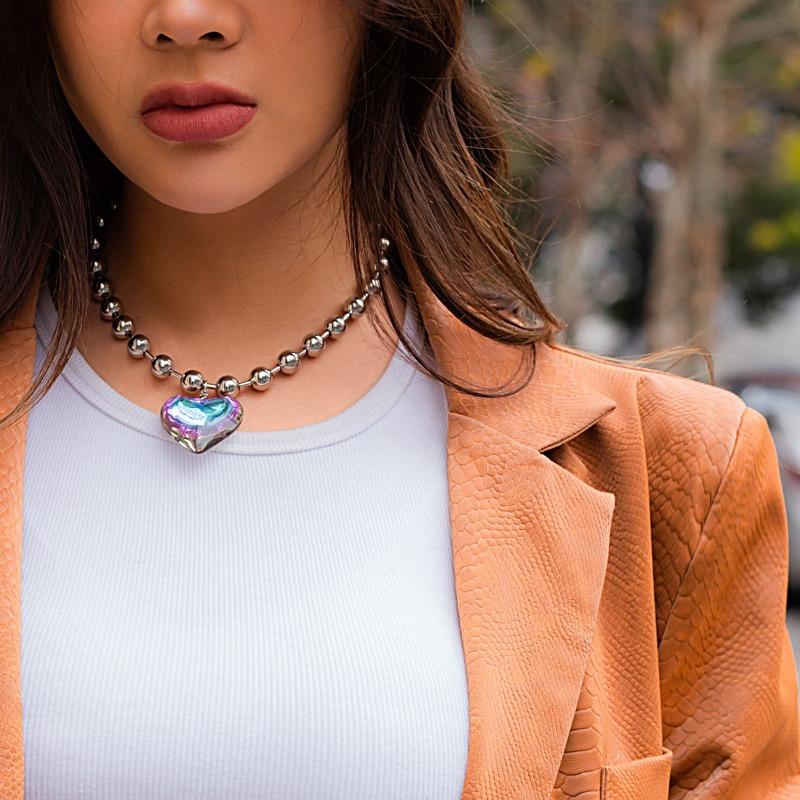 Collana a Collare con Catena Semplice e Perline a Forma di Cuore - Dolce e Cool, di Piccole Dimensioni, Collana da Donna Unica a Forma di Cuore