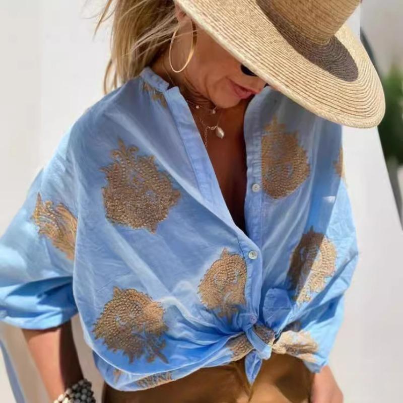 Summer New Graphic Printing Long-sleeved Lapel Button Ladies Shirt
