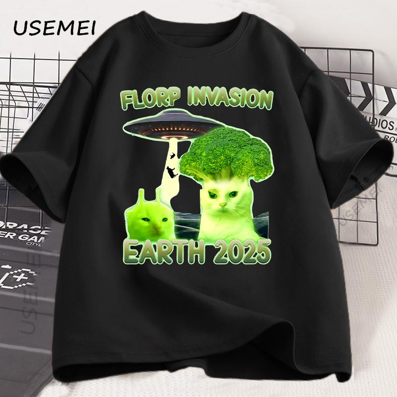 Funny Alien Brainrot Cat T-Shirt Broccoli Cat Printed Tshirt Cotton Short Sleeve Round Neck T Shirt Men's Clothes Streetwear