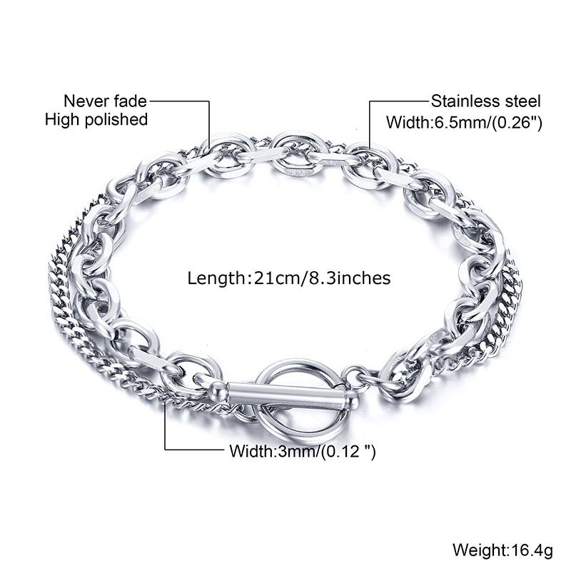 Vnox Rock Punk Doube Chains Bracelets for Men, Never Fade Stainless Steel Cuban O Chain Wristband Jewelry, 19/21cm