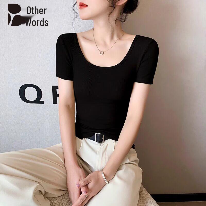 Bieyu Women s Double U-Neck Slim-Fit Backless Short Sleeve T-Shirt S