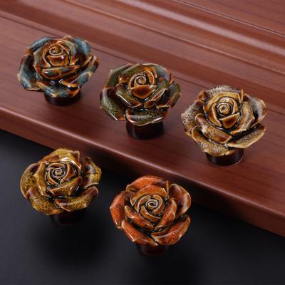 Ceramic Rose Handle W/screw Single Hole Flower Knob Glazed Leopard Pattern Pull Decor Cabinet Drawer Furniture Doors 40mm 1.4"