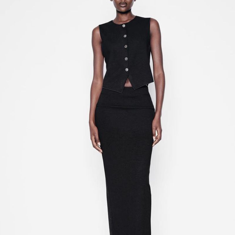 Spring Decorated Row Button Stretch Knitting Vest 5584664 Slit Design Knitting Midi Dress for Women 5584665