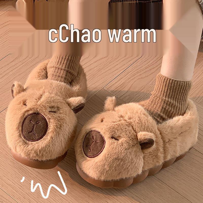 Capybara Winter Cotton Slippers: Cute Non-Slip Indoor Fur Shoes with Package Heel for Couples.