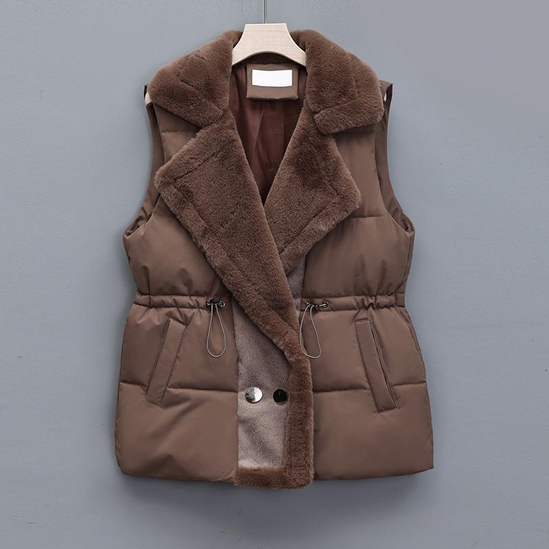 2026 Women's Plus Size Double-Breasted Fur Collar Waist-Cinched Leather & Fur Vest Jacket