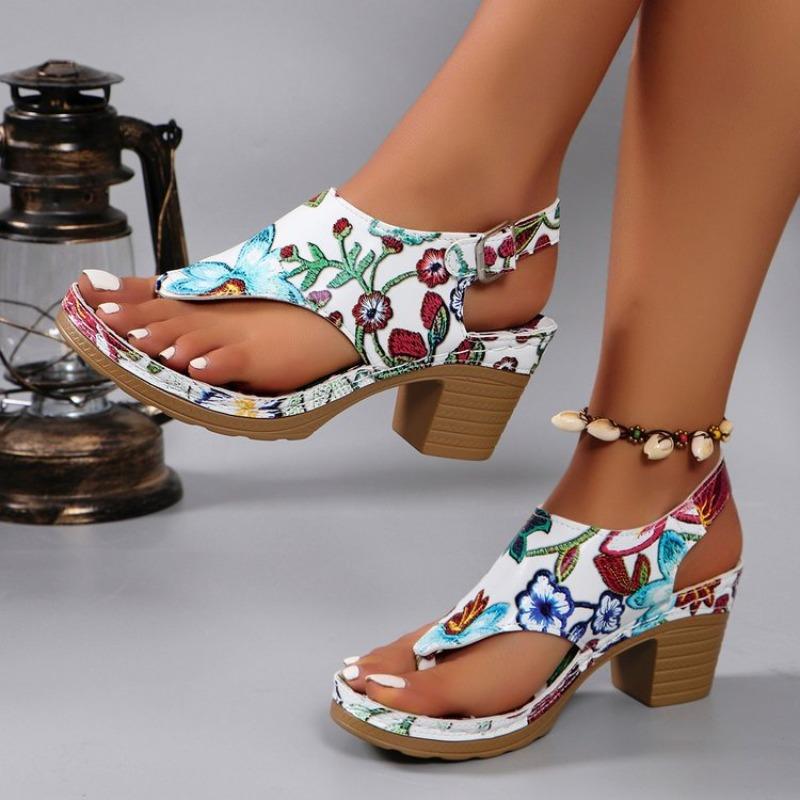 Large Size Medium Heel Printed Herringbone Sandals Women Wear High-heeled Sandals In Summer