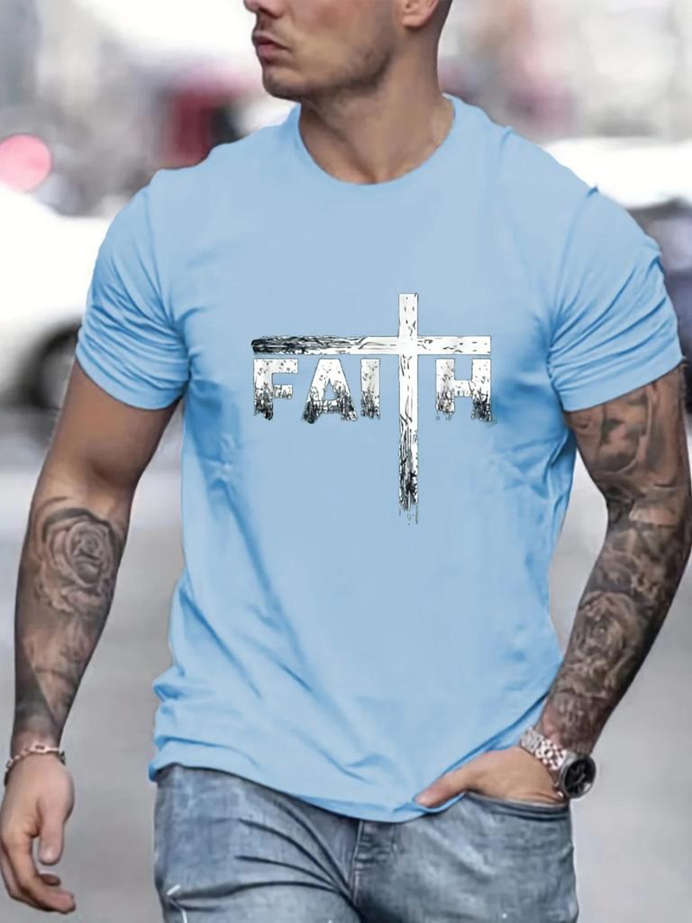 Men's Summer 3D Printed Men's T-shirt Faith Print Loose Large Casual Round Neck Short Sleeve T-shirt
