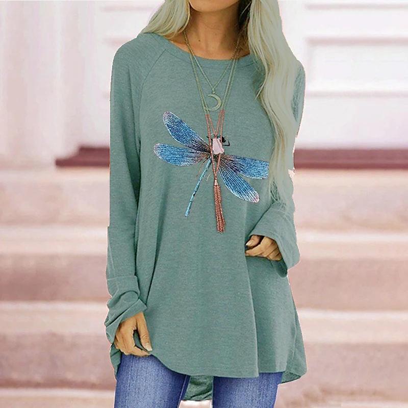

Plus Size Women Spring Dragonfly Printed Comfy Long Sleeve Round Collar T-shirt Casual Baggy Mid Length Tee Tops 8XL зелёный
