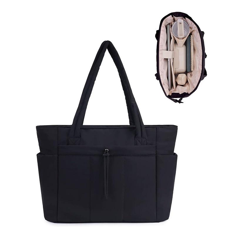 Women's Lightweight Quilted Tote Bag with Compartments, Large Capacity 15.6 Inch Laptop Shoulder Bag for Work, Nurse, Teacher, Travel & Gym