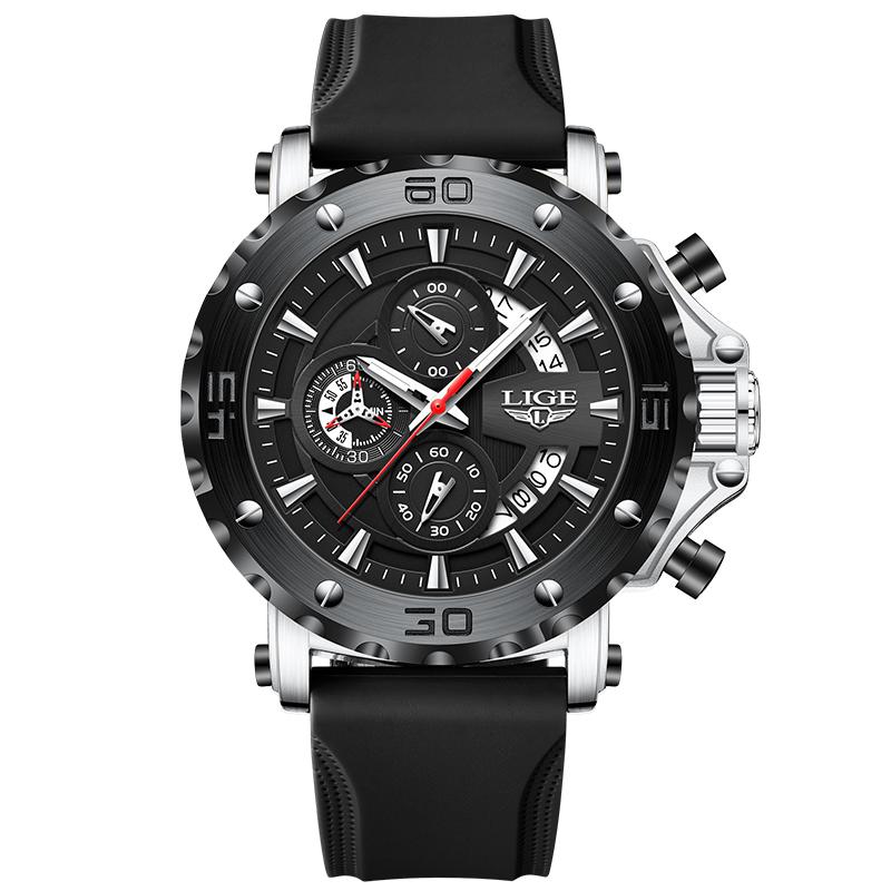 LIGE mens wristwatch luxury chronograph luminous quartz calendar silicone strap fashion business casual male watches reloj