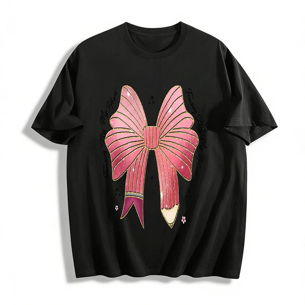Teaching Fills My Heart Bow Pencil Print Teacher Casual T-Shirt Pure cotton T-shirt XXS