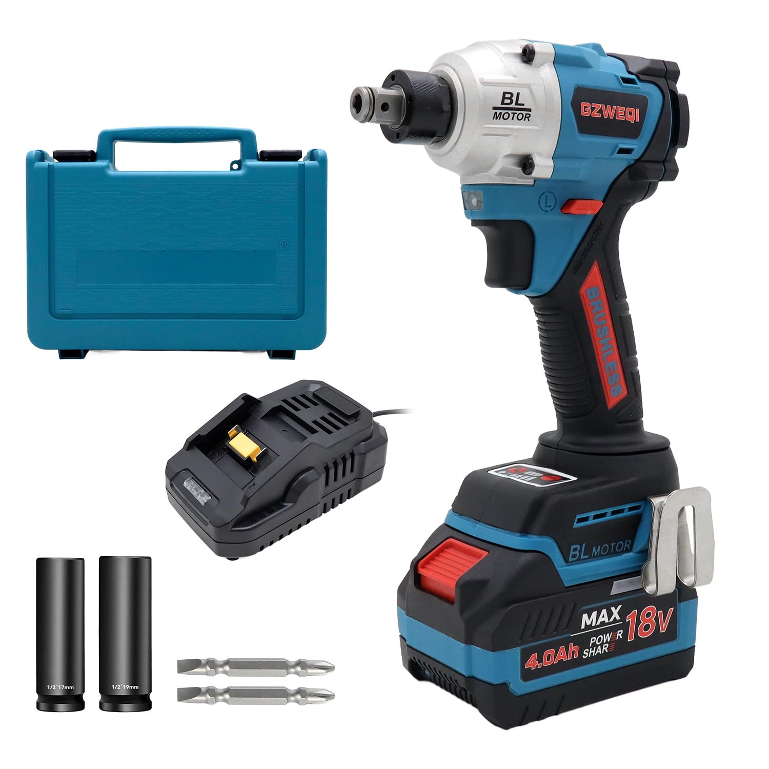 

GZWEQI inch impact driver Blue 18V carrying Phillips compatible with charger also suitable for charging 18V 1/2 1/4 BL350-2 set, 4.0Ah1, case1, синій