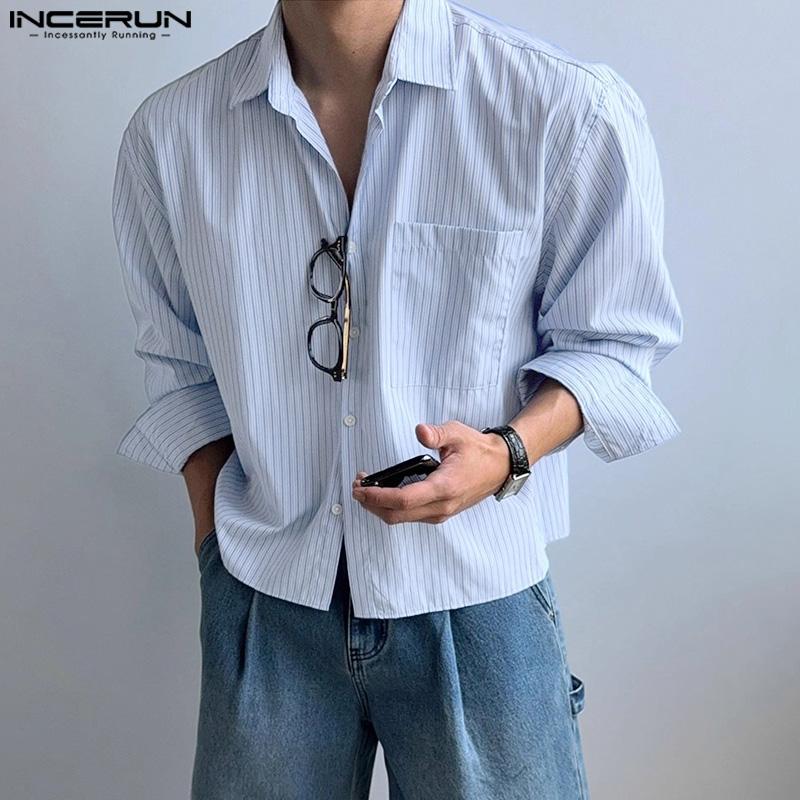 INCERUN S-XXXXXL Men Lapel Neck Long Sleeve Striped Casual Loose Shirts Tops