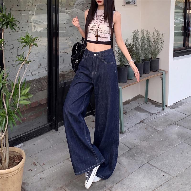 Retro American Anti-fading Primary Color Jeans Women's New Loose Drape Versatile Comfortable and Thin Floor-mopping Wide-leg Pants