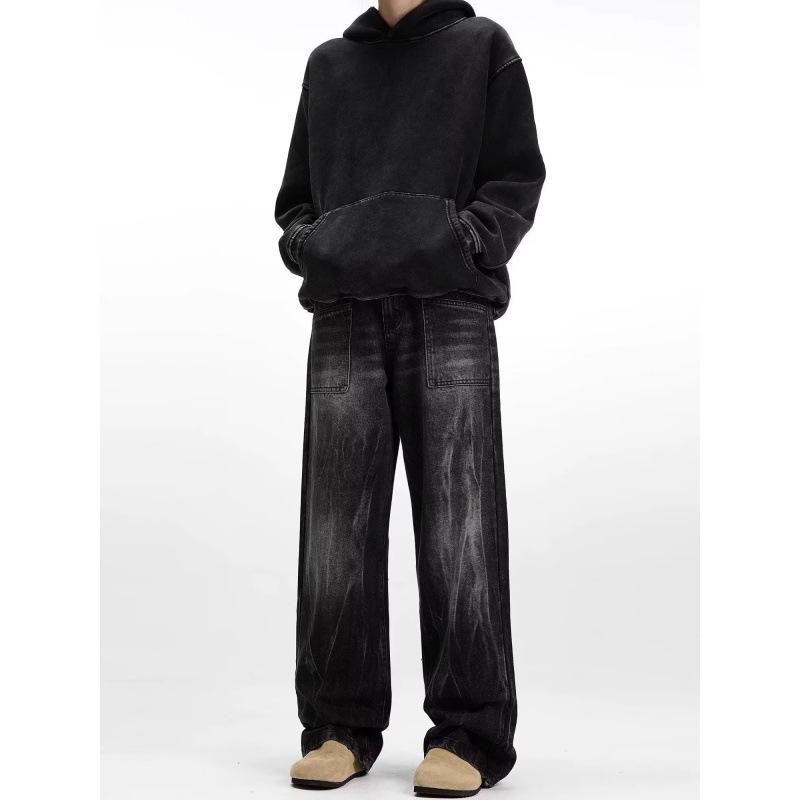 JYL Men s Straight Jeans European Trendy Black Washed High-Street Denim Pants L