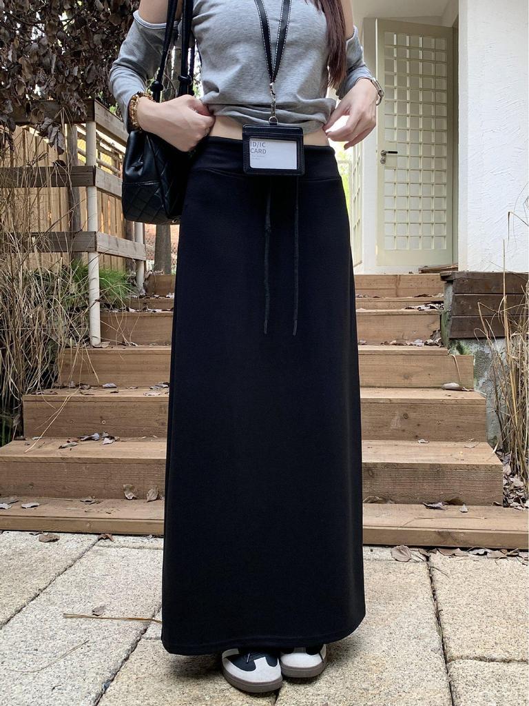 Retro Grauer Schnür-Schlankheits-Halbrock für Damen - Elastischer Bund, Gerader Schnitt, Hüftbetontes Design, Perfekt für den frühen Herbst 2025.