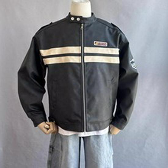 American Retro Striped Color Block Racing Leather Jacket for Men & Women - 2025 Spring Couples' Casual Trend.