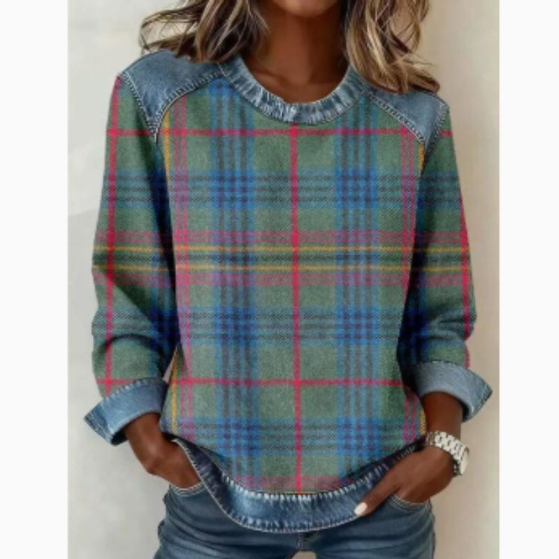 Europäische Und Amerikanische Damenbekleidung Neue Modelle Kariert Nachahmung Kunstdenim-Druck Rundhals Langarm T-Shirt( Nicht-Denim-Stoff)