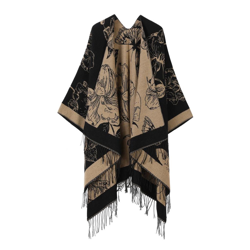 In-Stock Women's Double-Sided Tassel Shawl Cape - Classic Style, High-End, Warm, Perfect for Travel.