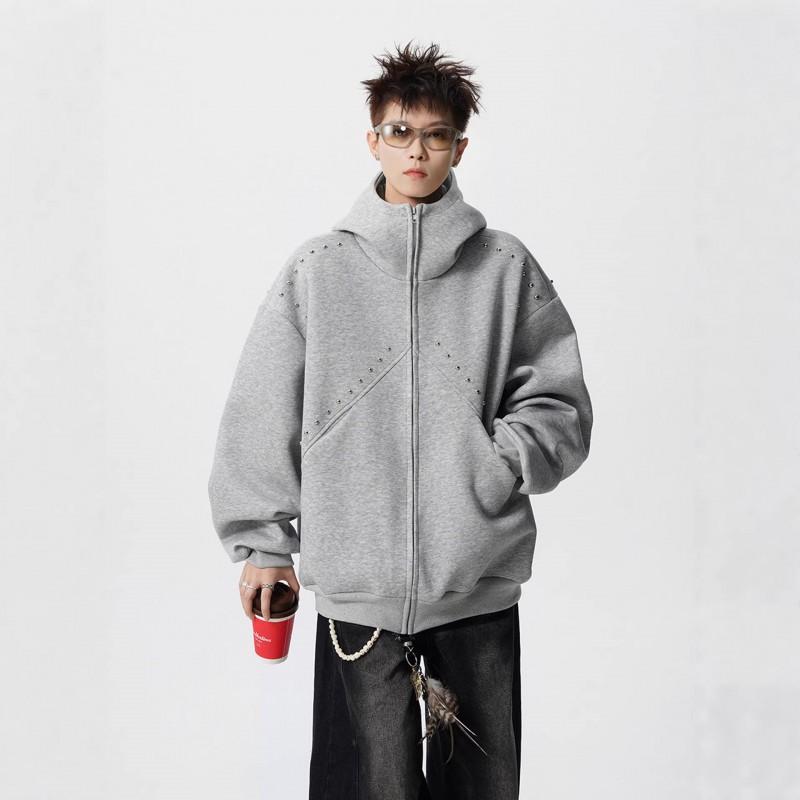 Unisex Hoodie met Rits en Metalen Studs Patchwork Ontwerp Losse Pasvorm Streetwear Tieners