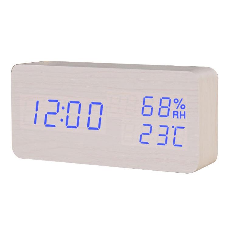Rectangular Home Bedroom Electronic Temperature and Humidity Alarm Clock USB Voice Control LED Brightness Adjustment Digital Wood Clock
