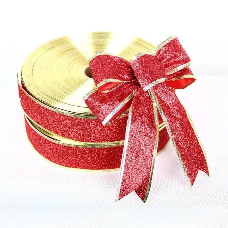 200cm Golden Edge Ribbon Weaving Single Face Satin Ribbon Packing Belt Wedding Christmas Decoration