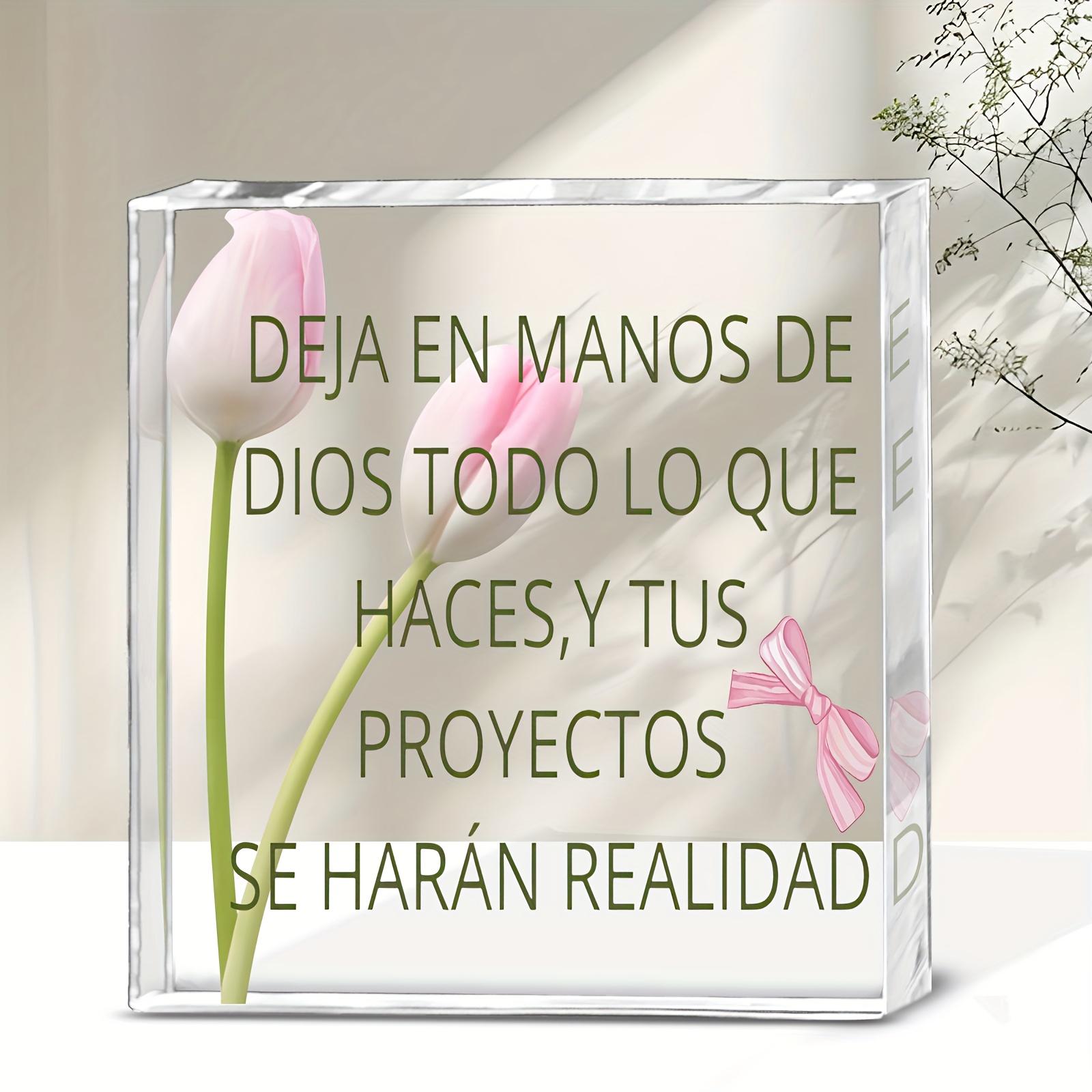 

1pc Spanish Christian Religious Acrylic Tabletop Decor - Pink Tulips & Spanish Inspirational Bible Verse Wall/ Desk Decoration 10*10cm