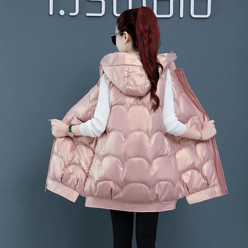 Damer Høst og Vinter Mellomlang Lett Vaskefri Blank Kåpe Ensfarget Hette Yttertøy Vester