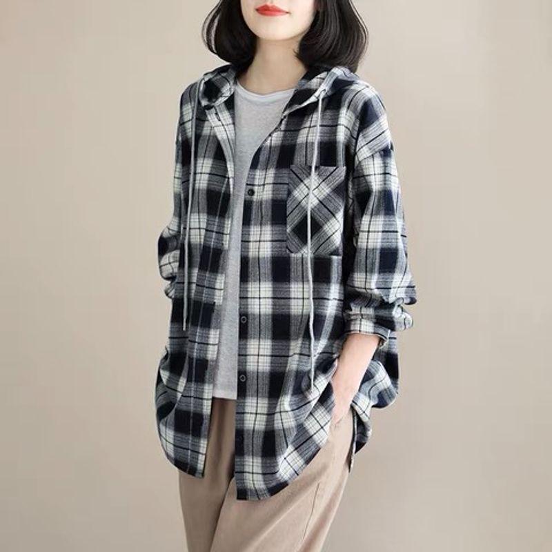 

Fall 2025 New Hooded Plaid Short Coat Shirt Women s Loose Plus Size Mid Length Long Length Lapel Slimming Shirt Black and White L