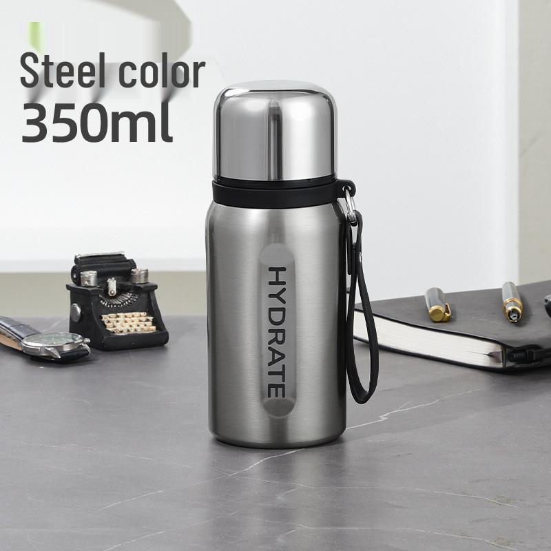 Термос из нержавеющей стали 316 - Большая емкость, двойная крышка, для улицы/бизнеса, персонализируемая офисная подарочная кружка с ремешком 350ml серебряный