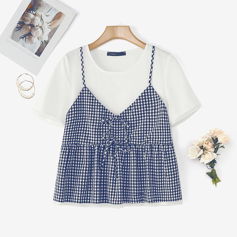 

ZANZEA Женская повседневная блузка с круглым вырезом, в клетку, пэчворк, с коротким рукавом 3XL темно-синий