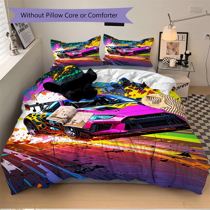 3pcs Racing Car Cover Set, 1 Cover + 2 Pillowcases (No Insert), Bedding for All Seasons, Bedding,Bedroom Decor Yy250922024