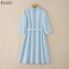 ZANZEA Women Casual Turn Down Collar Solid Color 3/4 Sleeve Loose Dress