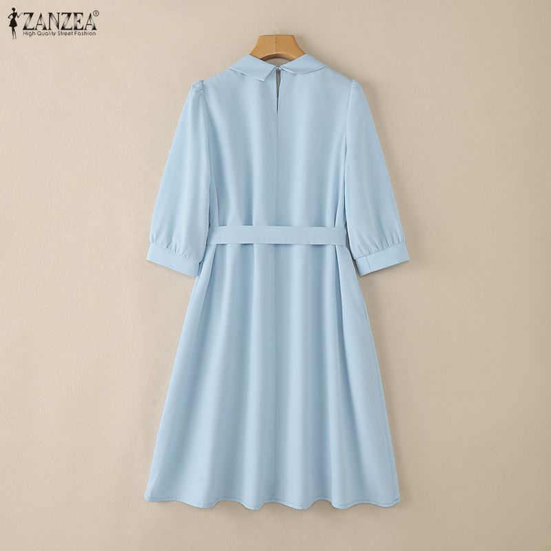 ZANZEA Women Casual Turn Down Collar Solid Color 3/4 Sleeve Loose Dress