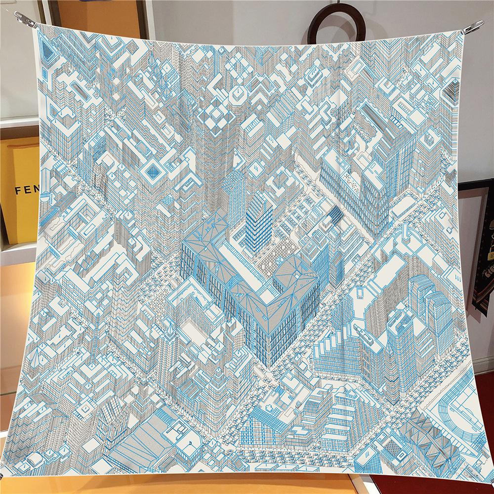 

90cm Silk Scarf Van Building Printed Square Scarf Head Echarpes Silk Foulards Femme Wraps Beach Shawls Bandana Lady Hijabs 90x90cm
