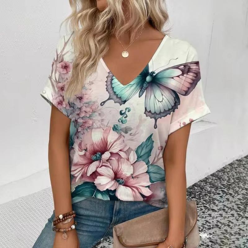 Dam V-ringad T-shirt Retro Elegant Blommönster Mode Tryck T-shirt Sommar Fritid Dam Populär Kortärmad T-shirt