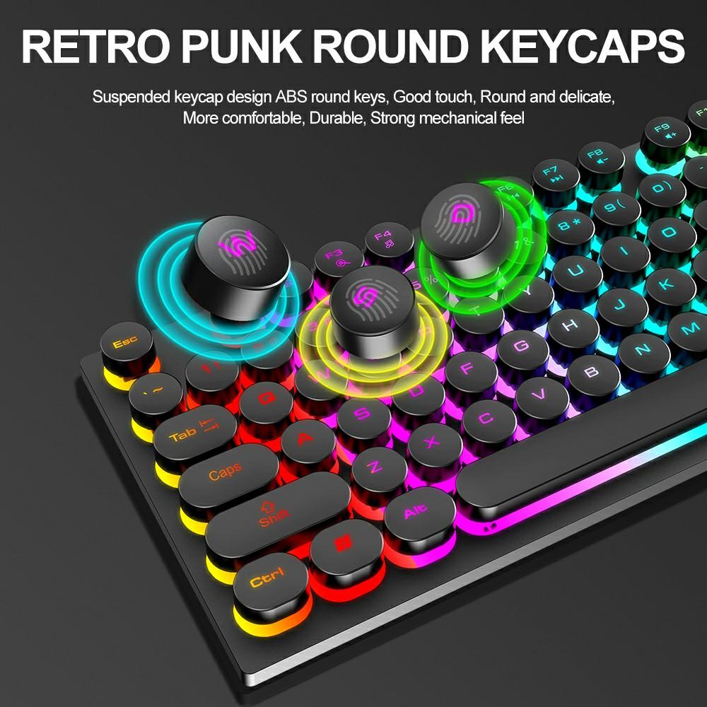 T-WOLF T80 Gaming Keyboard Retro Punk Round Keycap Wired Mechanical Keyboard with Colorful Backlight, Black