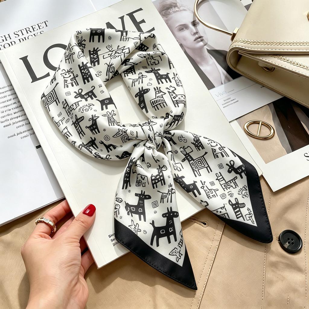 Commuter elegant flower silk scarf women's contrasting color retro printing satin scarf shirt with multi-purpose decorative small scarf